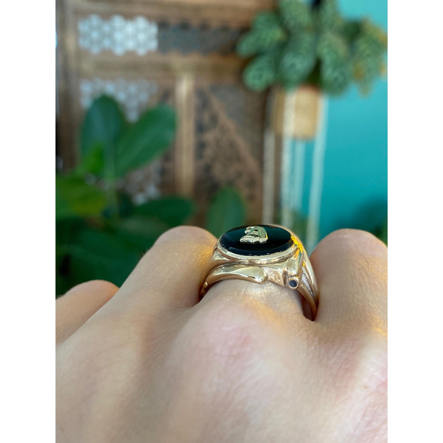 Vintage Solid 10k Yellow Gold Onyx Initial 'A' Ring - Size 11
