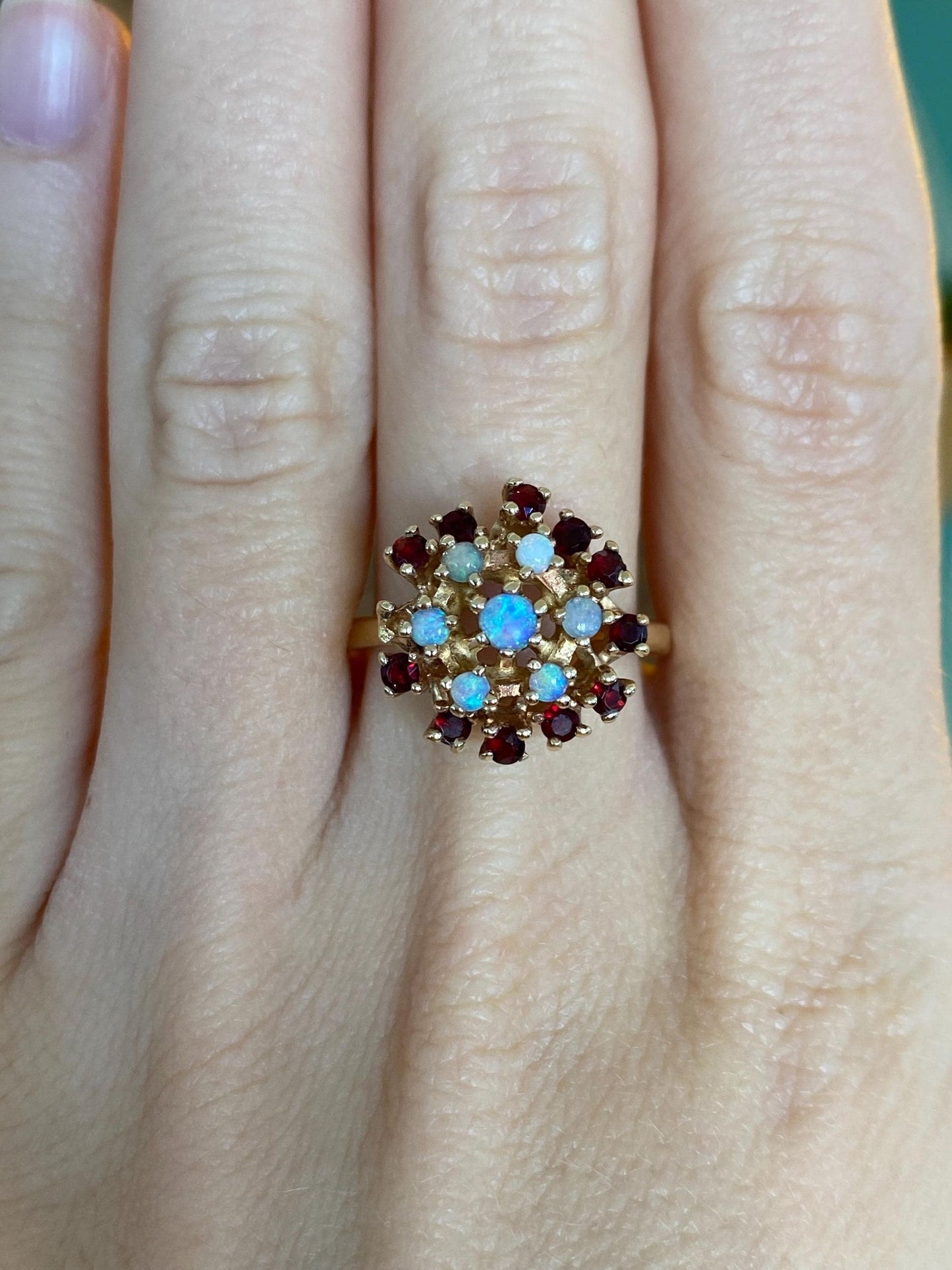 Vintage Solid 10k Yellow Gold Opal Garnet Cluster Ring - Size 9