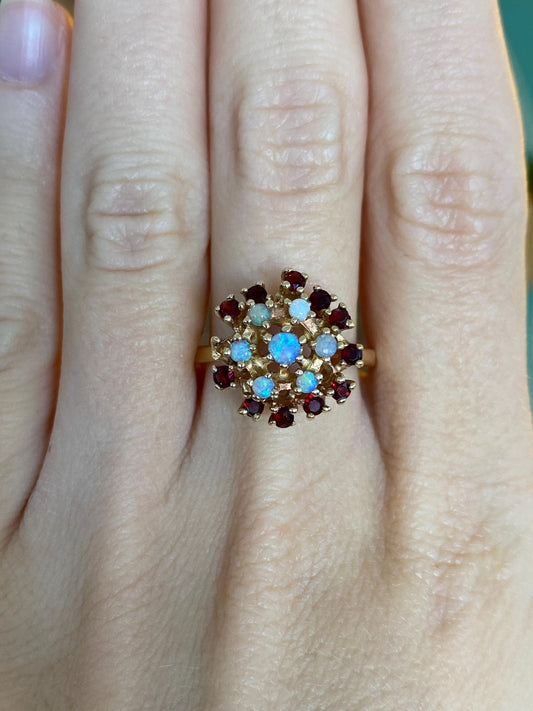 Vintage Solid 10k Yellow Gold Opal Garnet Cluster Ring - Size 9