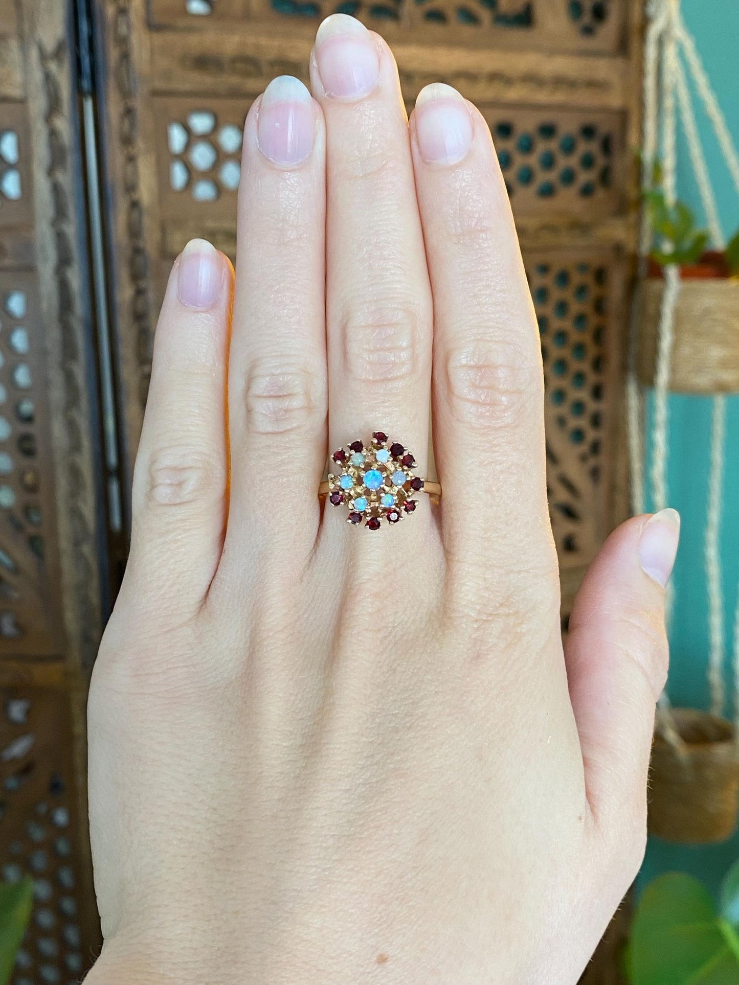 Vintage Solid 10k Yellow Gold Opal Garnet Cluster Ring - Size 9