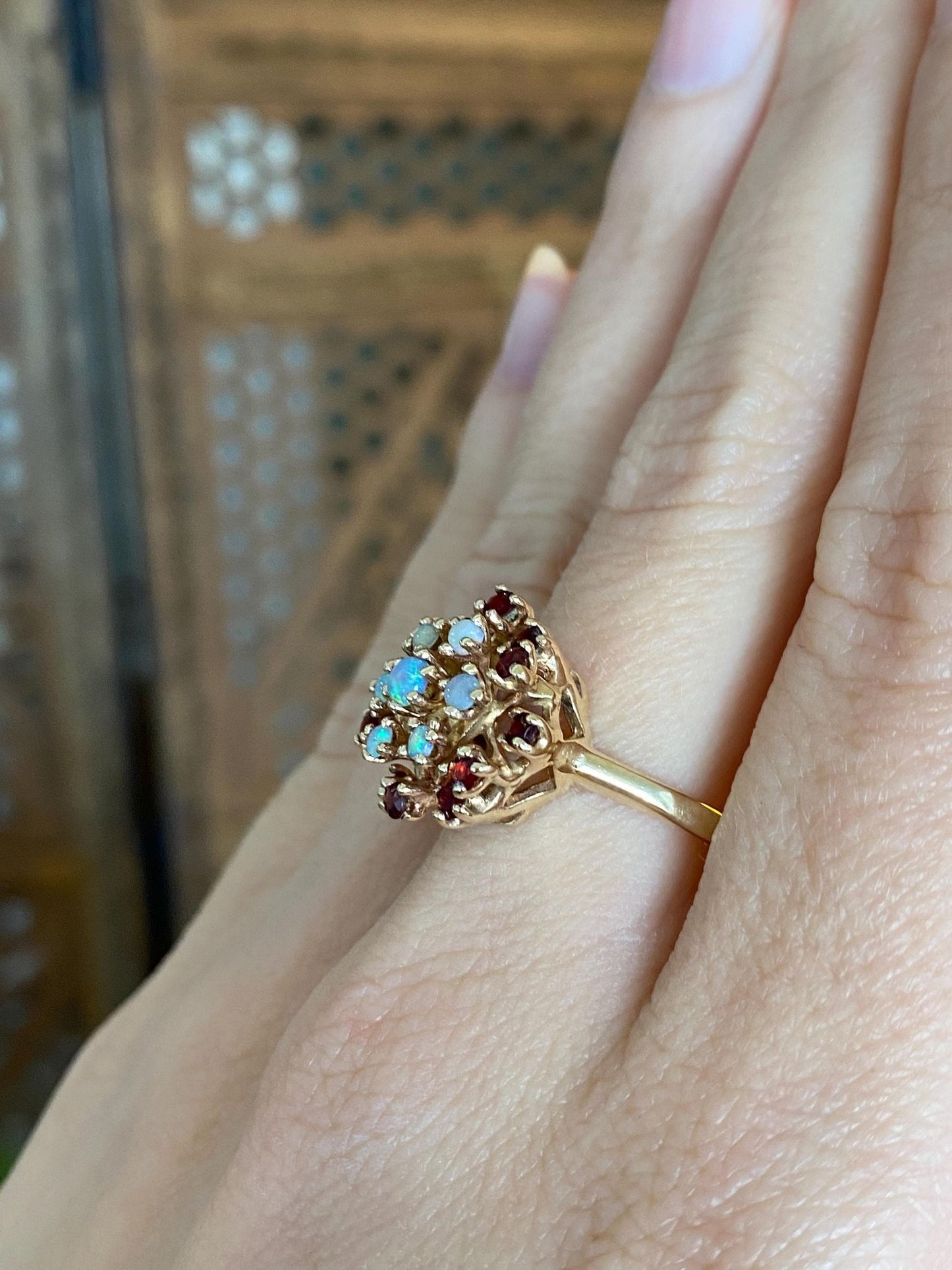 Vintage Solid 10k Yellow Gold Opal Garnet Cluster Ring - Size 9