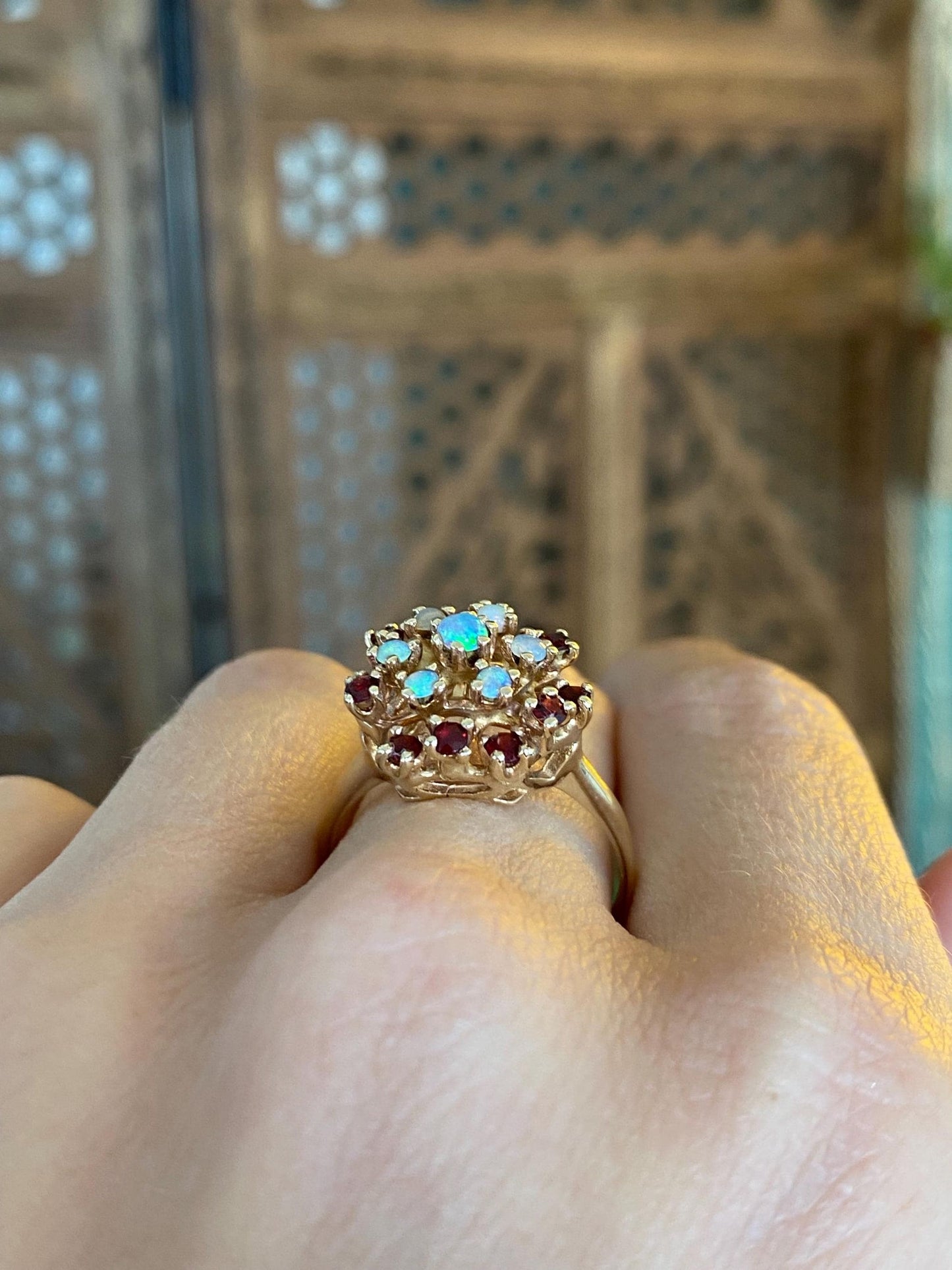 Vintage Solid 10k Yellow Gold Opal Garnet Cluster Ring - Size 9