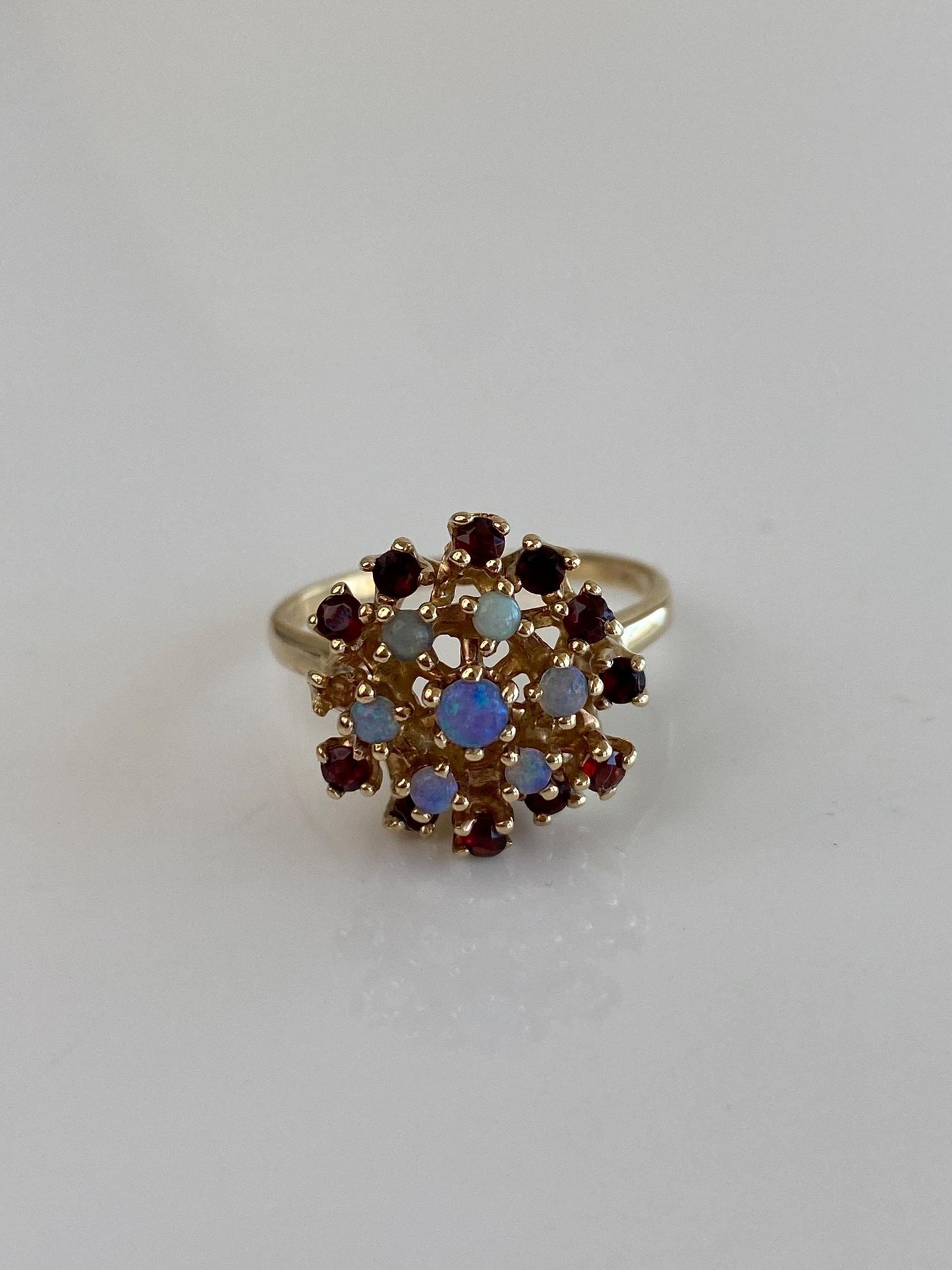Vintage Solid 10k Yellow Gold Opal Garnet Cluster Ring - Size 9