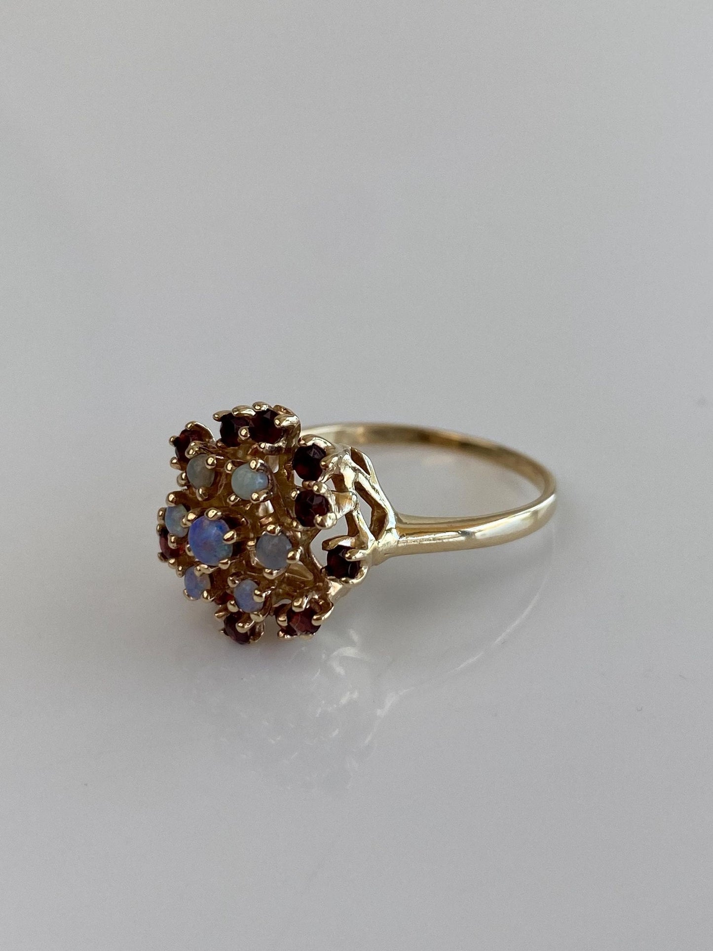 Vintage Solid 10k Yellow Gold Opal Garnet Cluster Ring - Size 9
