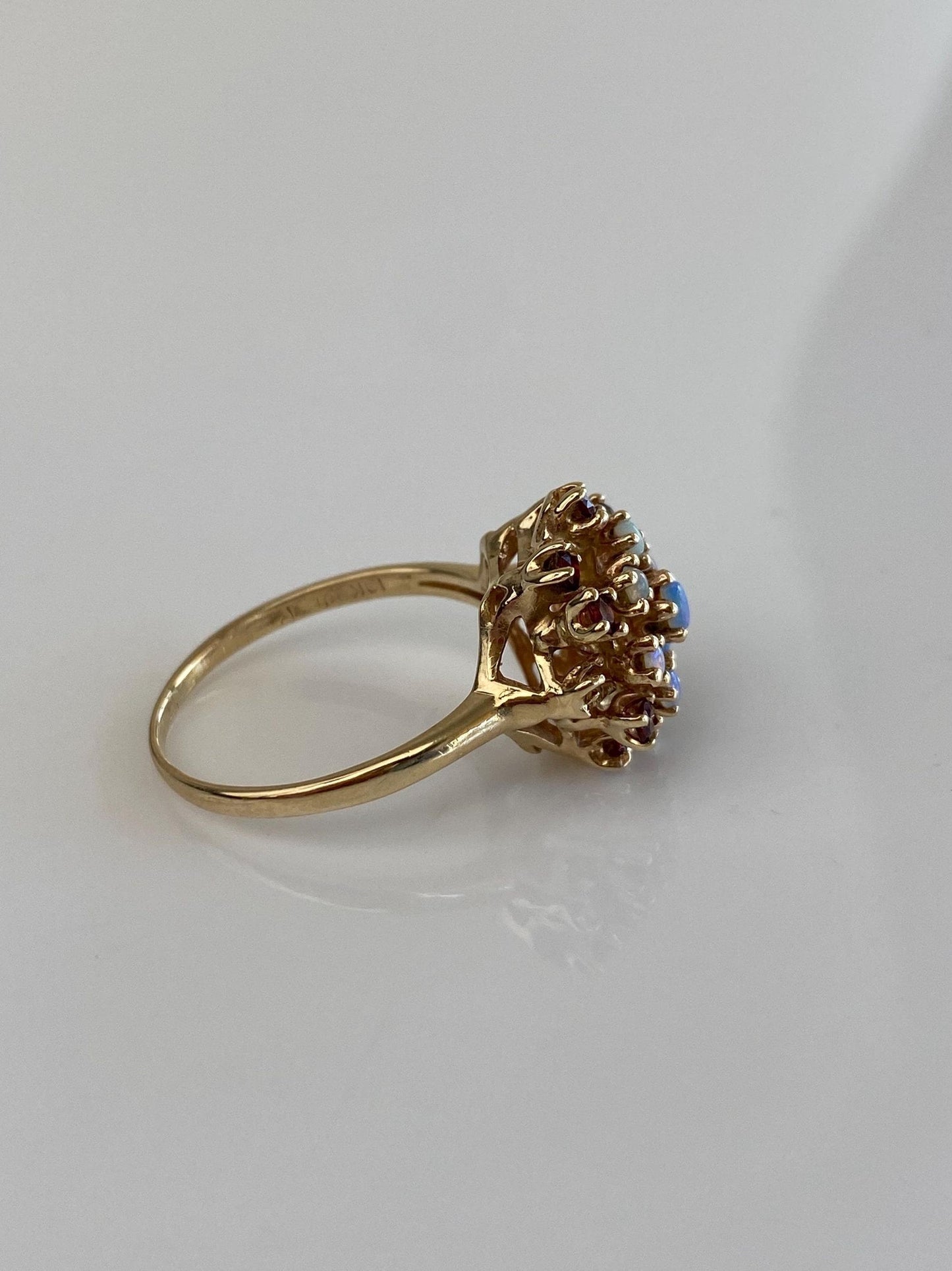 Vintage Solid 10k Yellow Gold Opal Garnet Cluster Ring - Size 9