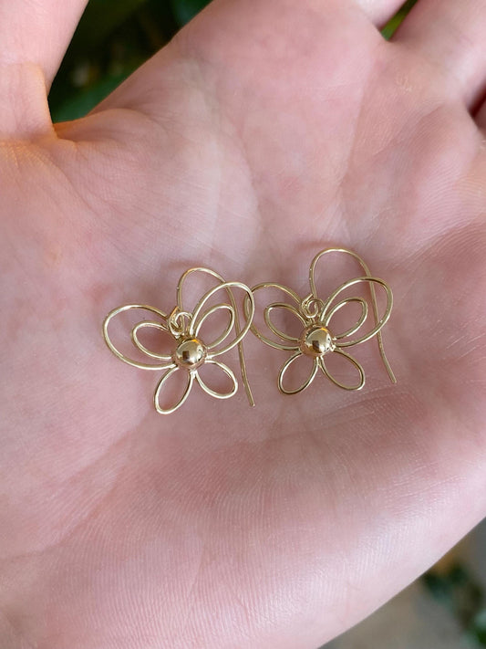Vintage Solid 14k Yellow Gold Wire Butterfly Dangle Earrings