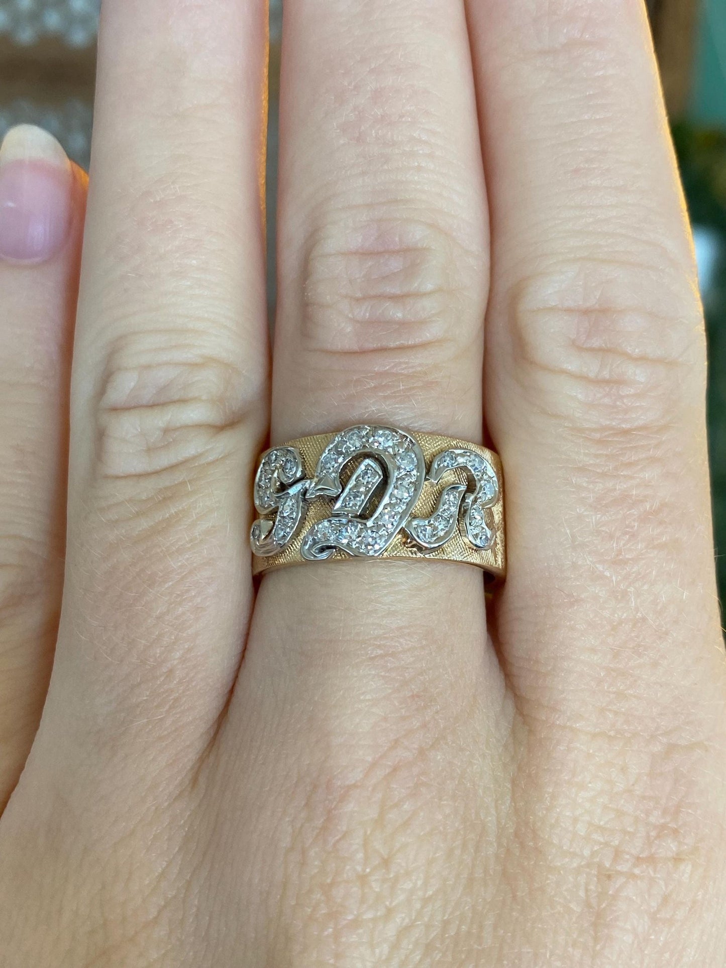 Vintage Solid 14k White & Yellow Gold Diamonds Initials 'SDR' Ring - Size 8.5