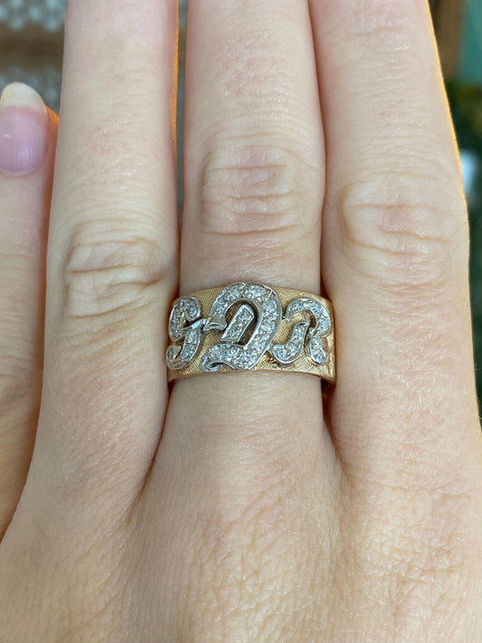 Vintage Solid 14k White & Yellow Gold Diamonds Initials 'SDR' Ring - Size 8.5