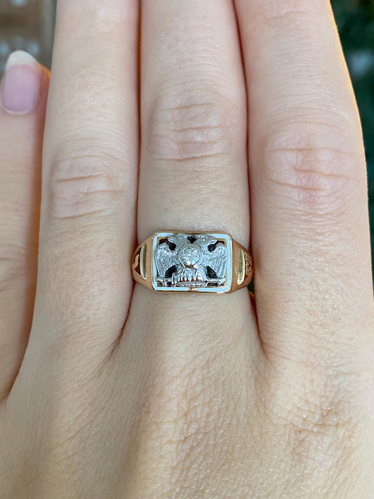 Vintage Solid 14k White & Yellow Gold Masonic Diamond Enamel Eagle Ring Band - Size 7.25