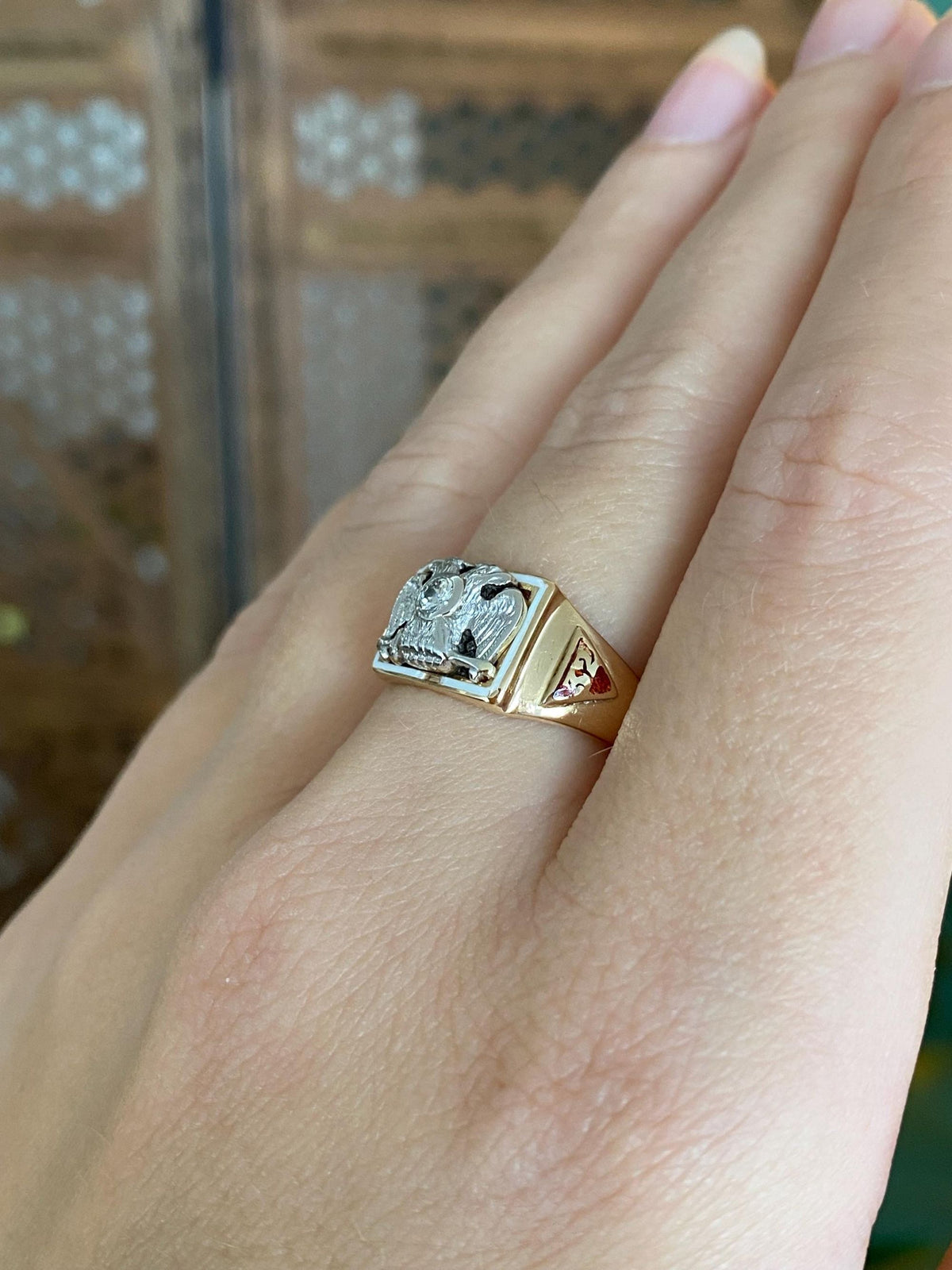 Vintage Solid 14k White & Yellow Gold Masonic Diamond Enamel Eagle Ring Band - Size 7.25