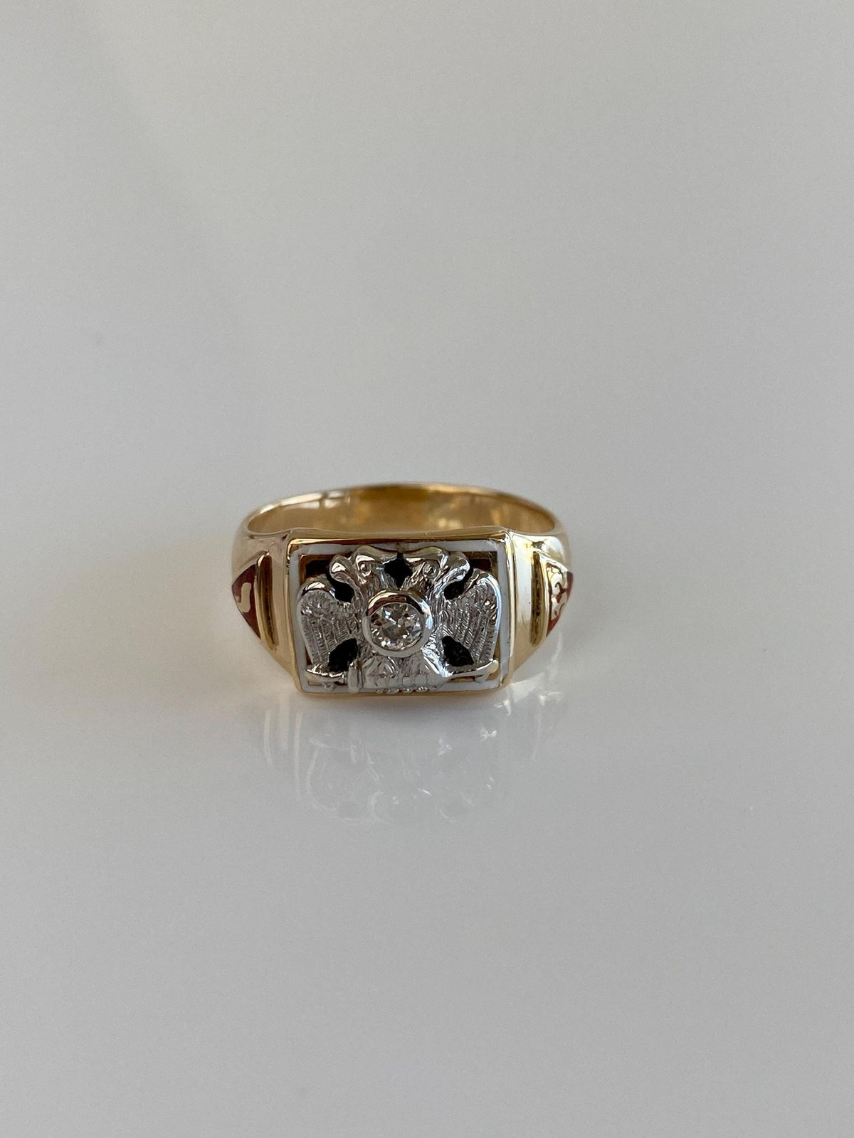 Vintage Solid 14k White & Yellow Gold Masonic Diamond Enamel Eagle Ring Band - Size 7.25