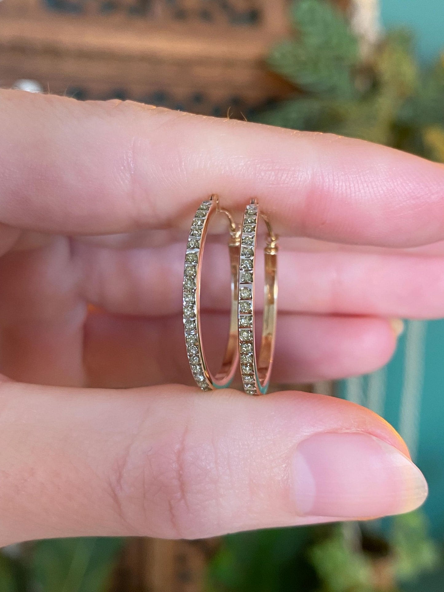 Vintage 14k Yellow Gold Clear Enamel Hoop Earrings
