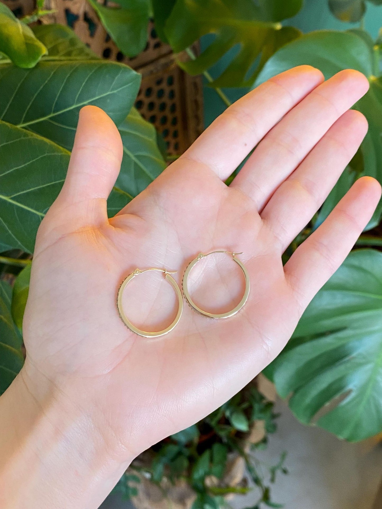 Vintage 14k Yellow Gold Clear Enamel Hoop Earrings