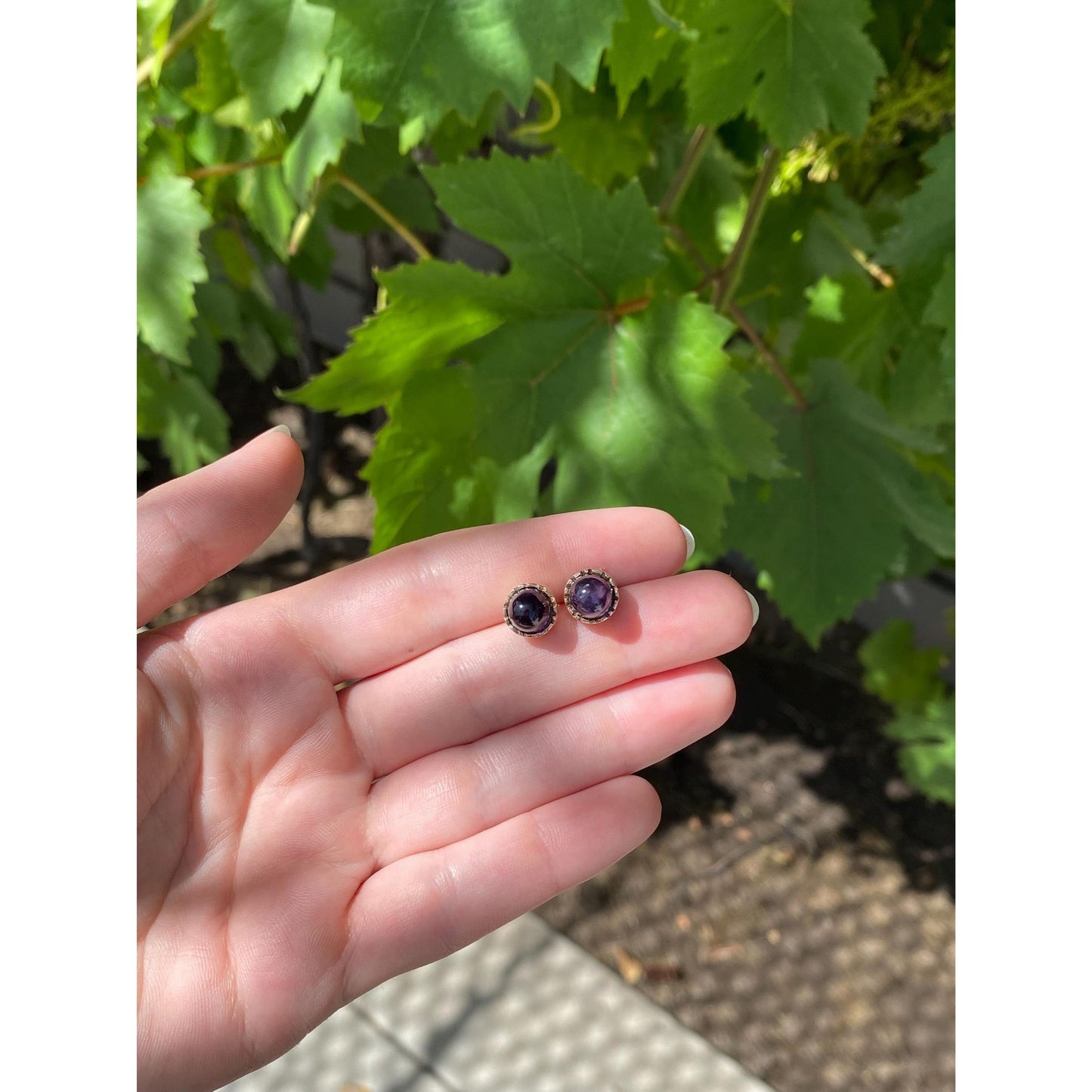 Vintage Solid 10k Yellow Gold Amethyst Bullet Stud Earrings