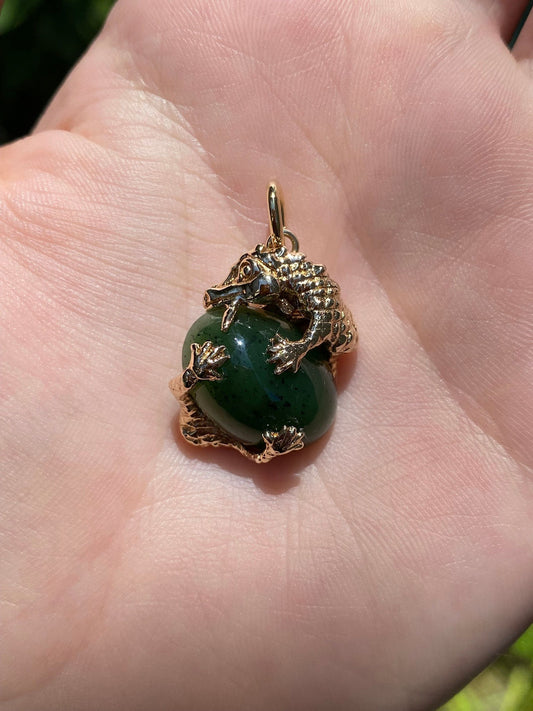 Vintage Solid 14k Yellow Gold Jade Dragon Charm