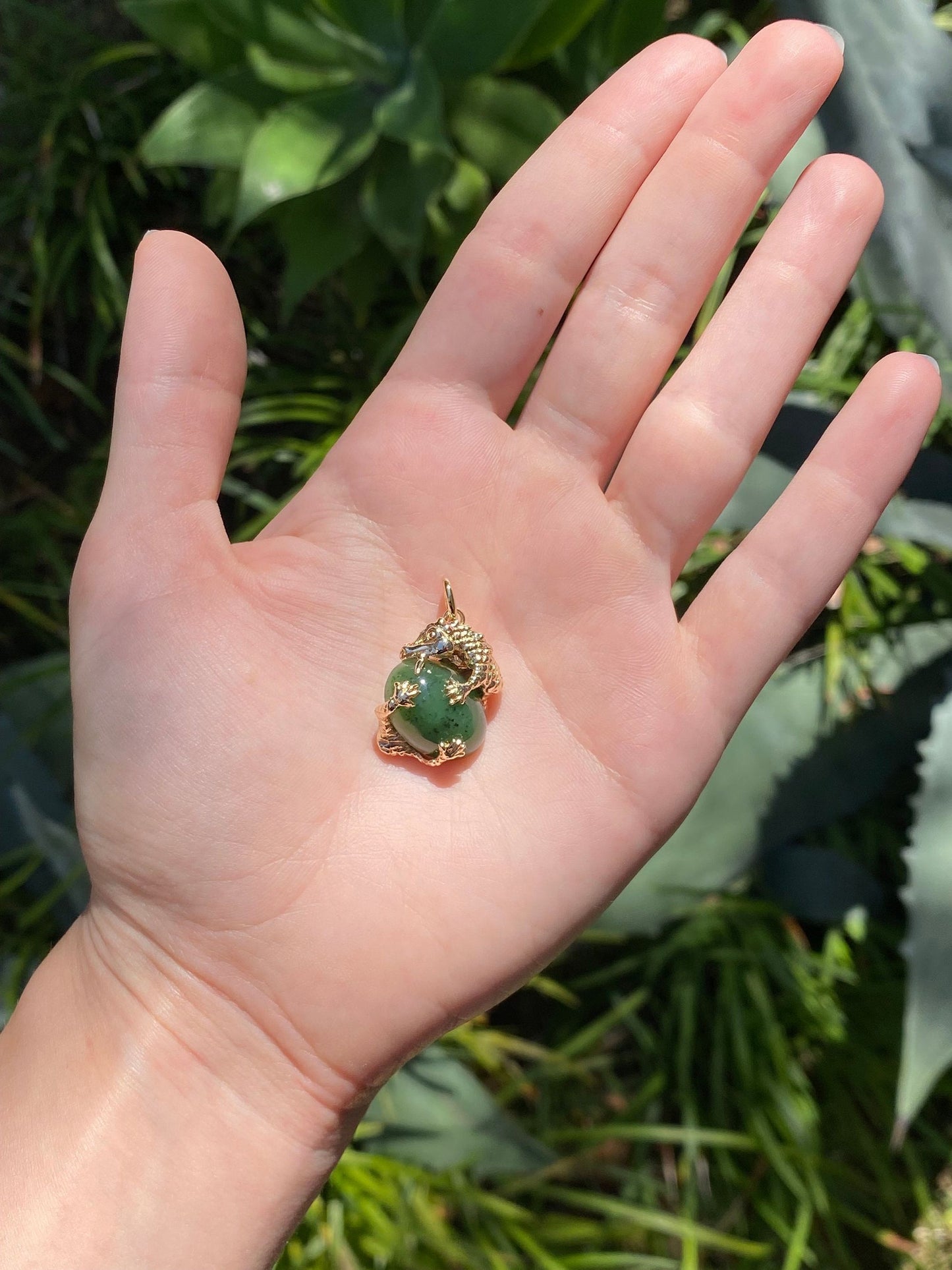 Vintage Solid 14k Yellow Gold Jade Dragon Charm