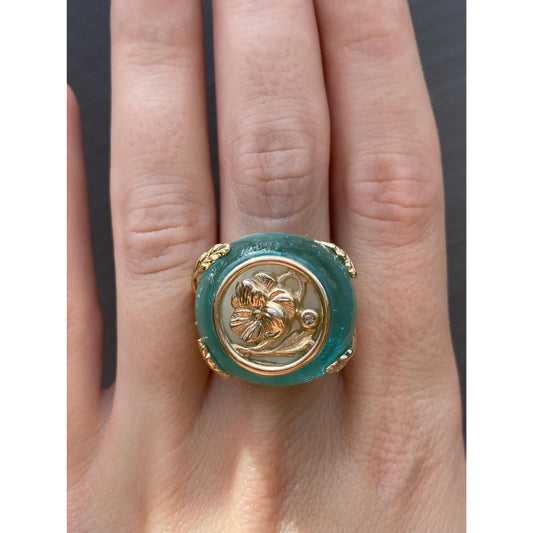 Vintage Solid 14k Yellow Gold Clear Blue Venetian Glass & Diamond Cocktail Ring - Size 7.75