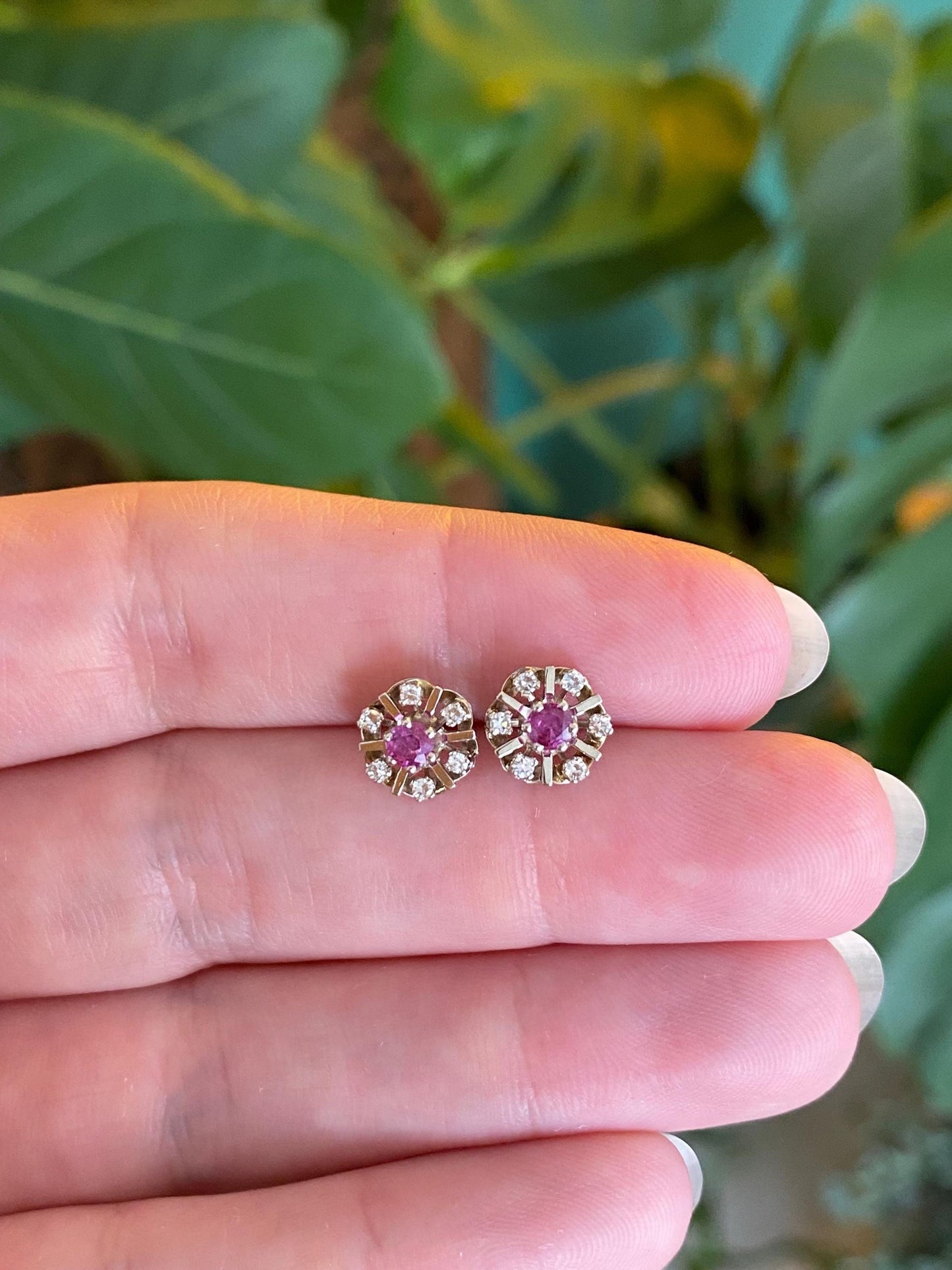 Vintage Solid 14k White Gold Pink & Clear Spinel Halo Stud Earrings