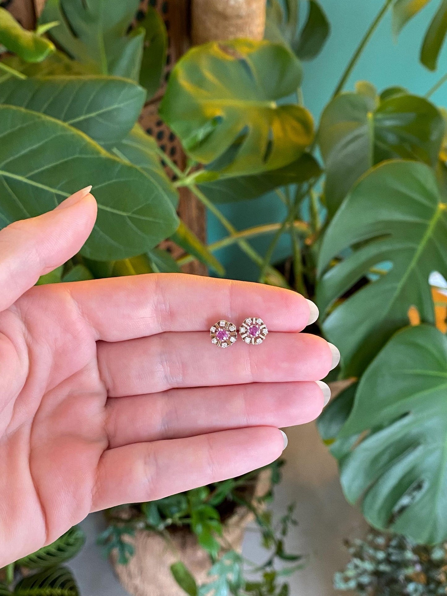 Vintage Solid 14k White Gold Pink & Clear Spinel Halo Stud Earrings
