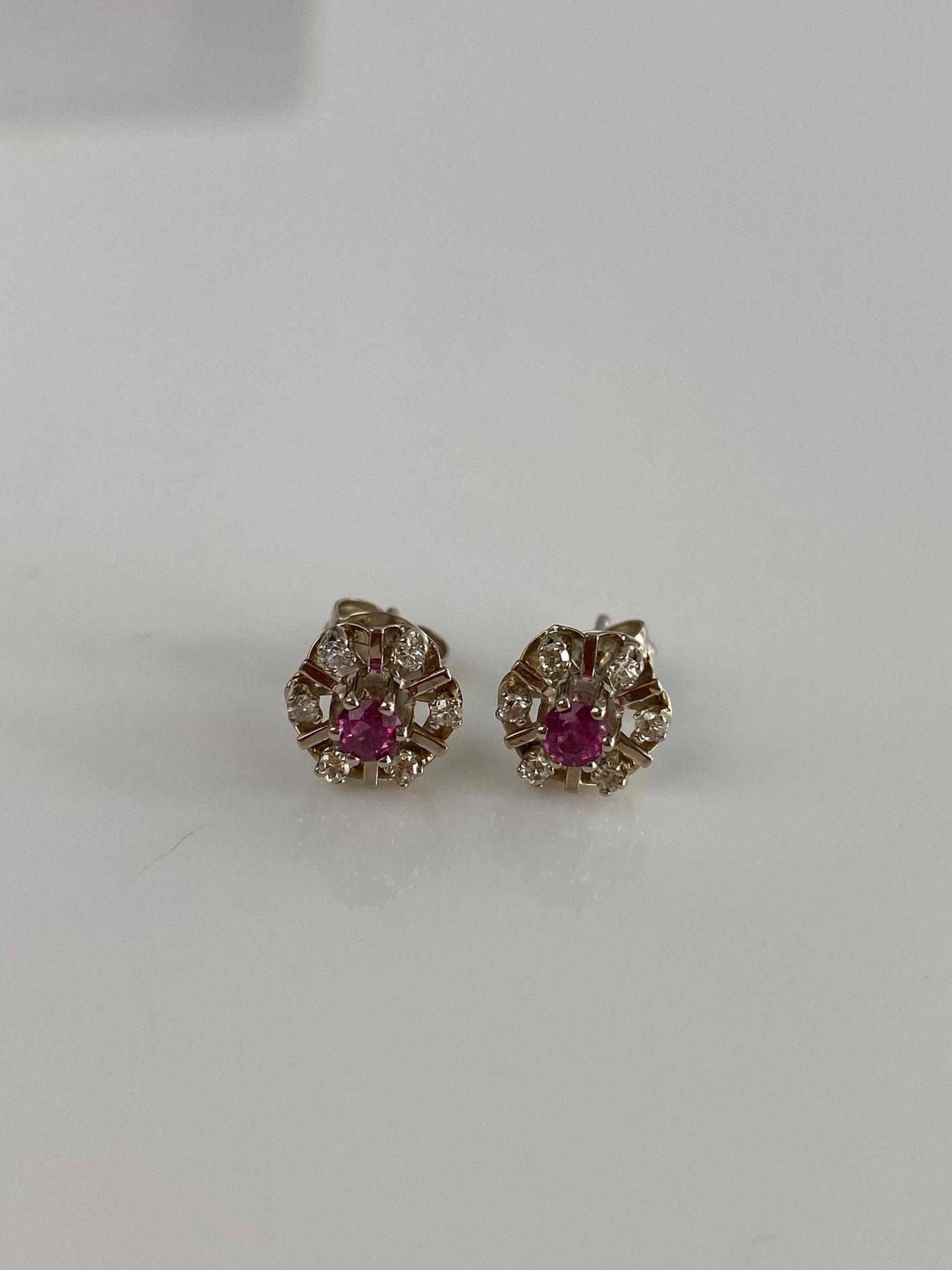 Vintage Solid 14k White Gold Pink & Clear Spinel Halo Stud Earrings