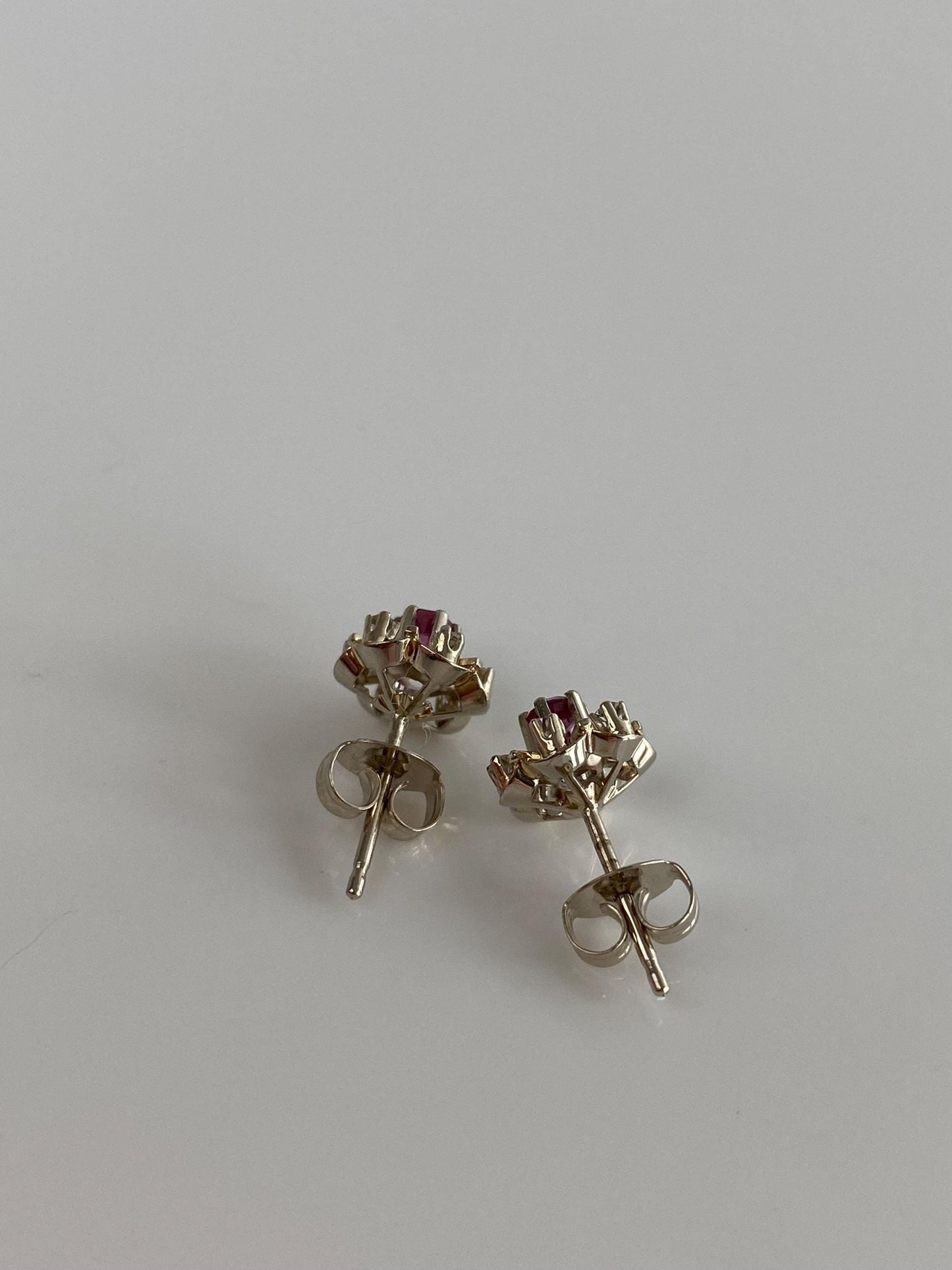 Vintage Solid 14k White Gold Pink & Clear Spinel Halo Stud Earrings