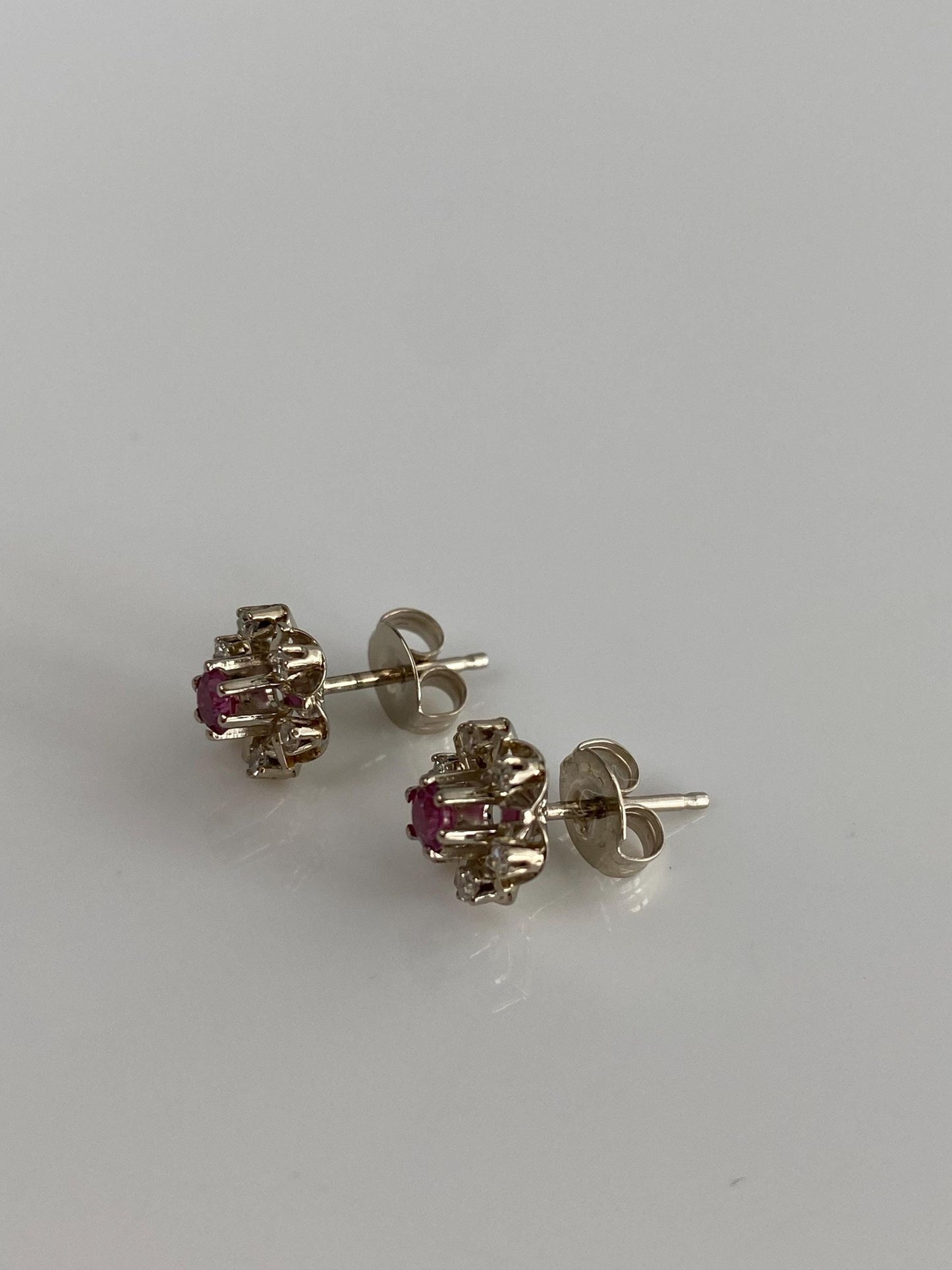 Vintage Solid 14k White Gold Pink & Clear Spinel Halo Stud Earrings