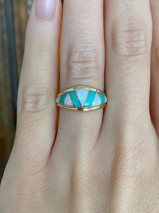 Vintage Solid 14k Yellow Gold Opal Turquoise Inlay Ring Band - Size 5.75