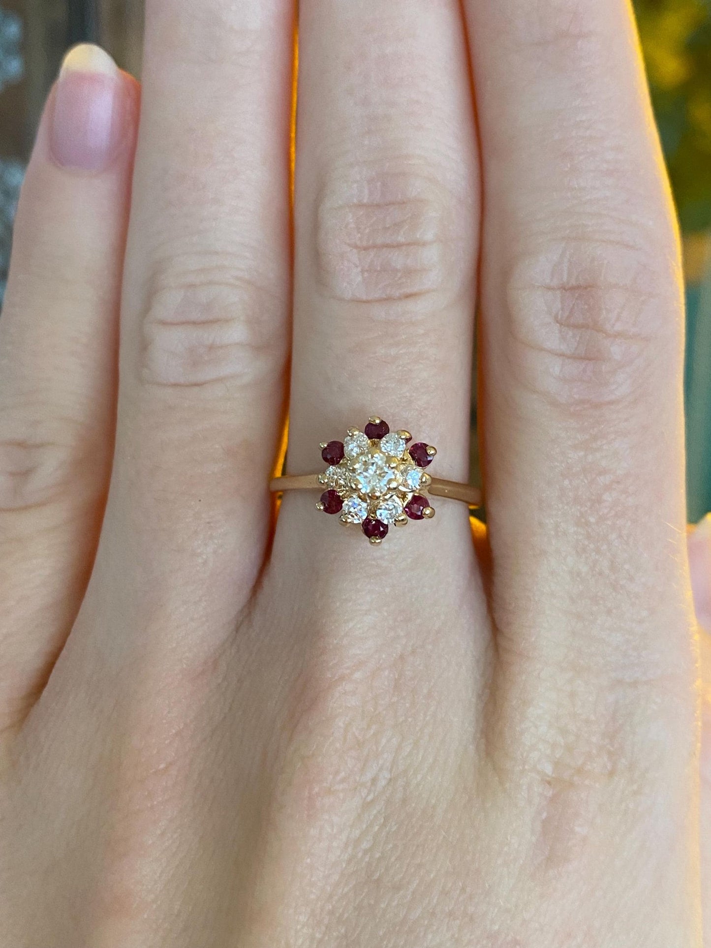 Vintage Solid 14k Yellow Gold Pink Spinel Diamond Flower Ring - Size 6.75