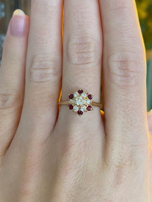 Vintage Solid 14k Yellow Gold Pink Spinel Diamond Flower Ring - Size 6.75