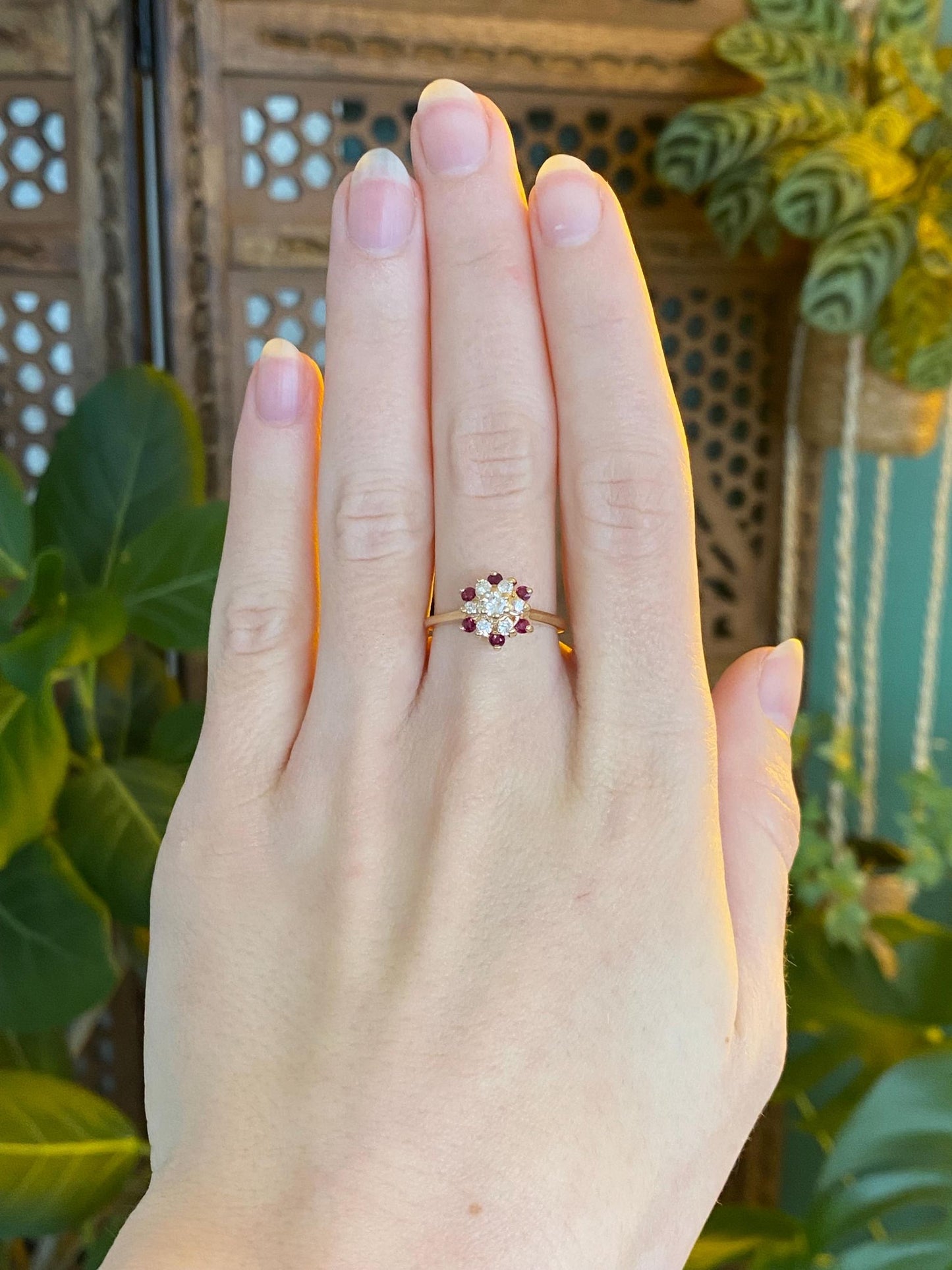 Vintage Solid 14k Yellow Gold Pink Spinel Diamond Flower Ring - Size 6.75