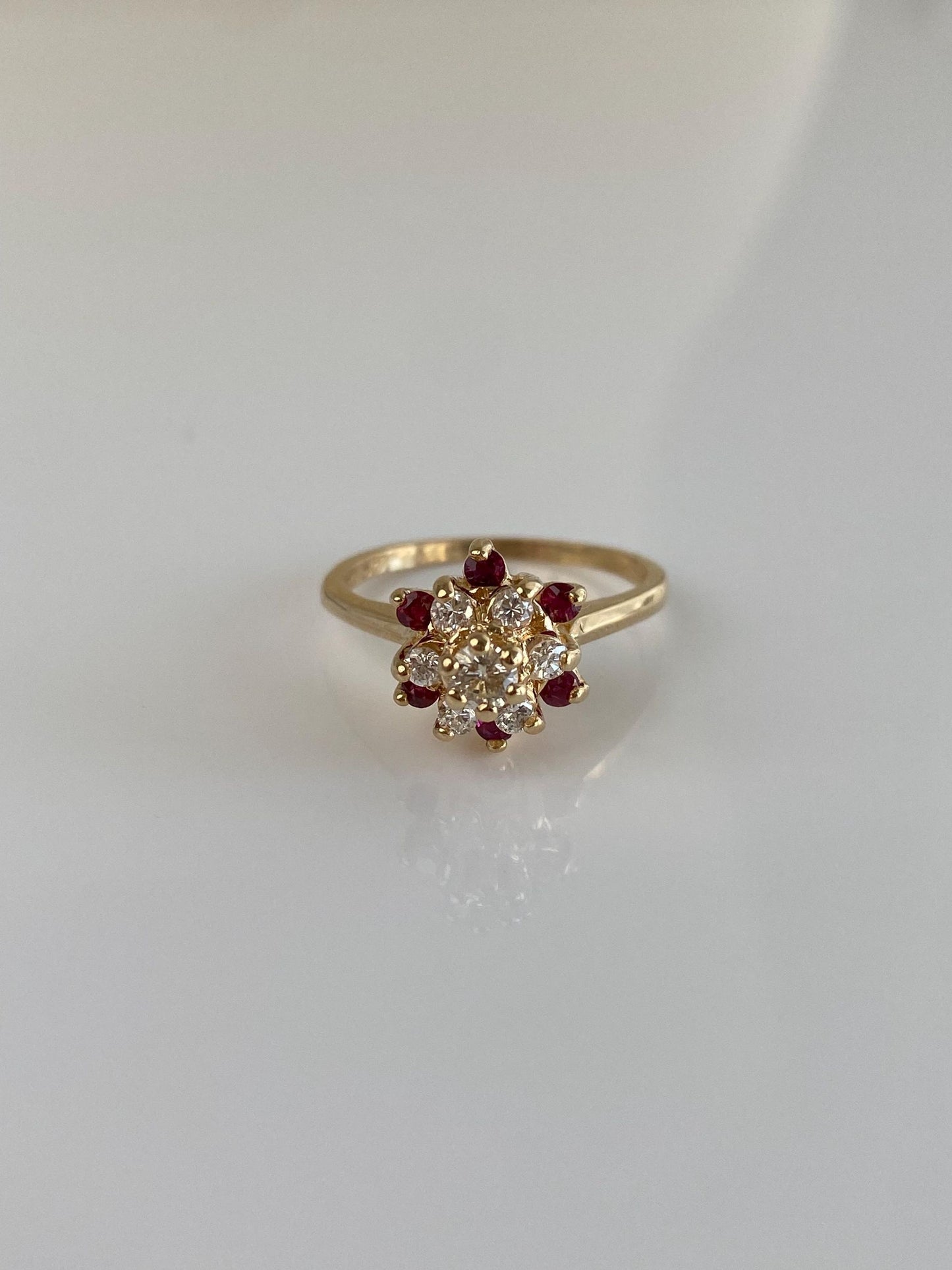 Vintage Solid 14k Yellow Gold Pink Spinel Diamond Flower Ring - Size 6.75