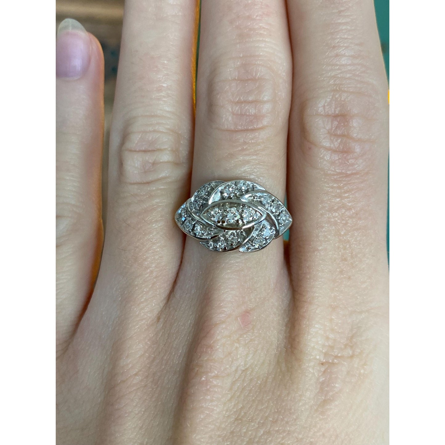 Vintage Solid 14k White Gold Diamond Cluster Art Deco Style Ring - Size 5.5