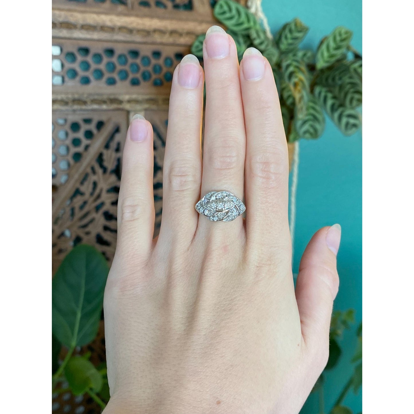 Vintage Solid 14k White Gold Diamond Cluster Art Deco Style Ring - Size 5.5