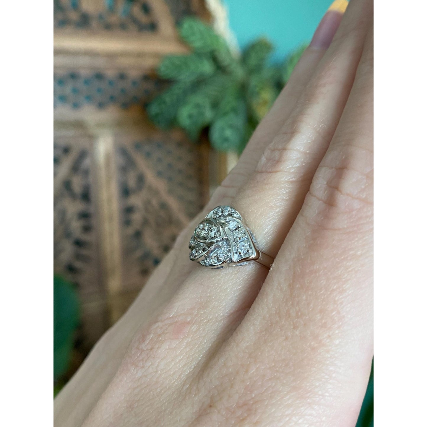 Vintage Solid 14k White Gold Diamond Cluster Art Deco Style Ring - Size 5.5