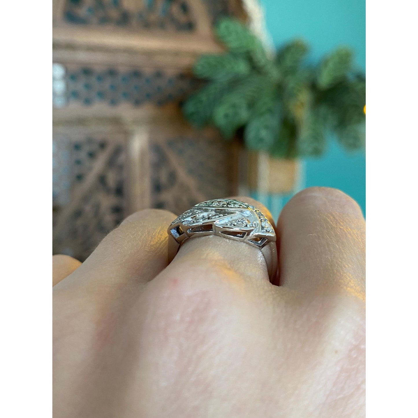 Vintage Solid 14k White Gold Diamond Cluster Art Deco Style Ring - Size 5.5