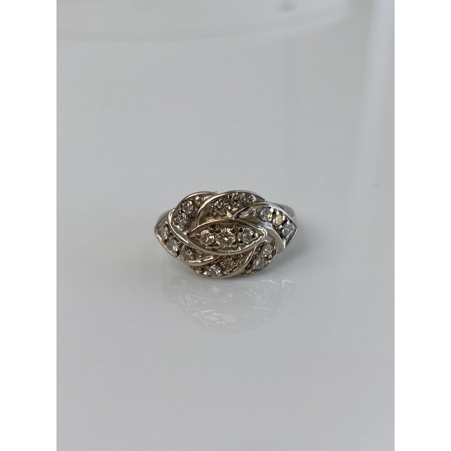 Vintage Solid 14k White Gold Diamond Cluster Art Deco Style Ring - Size 5.5