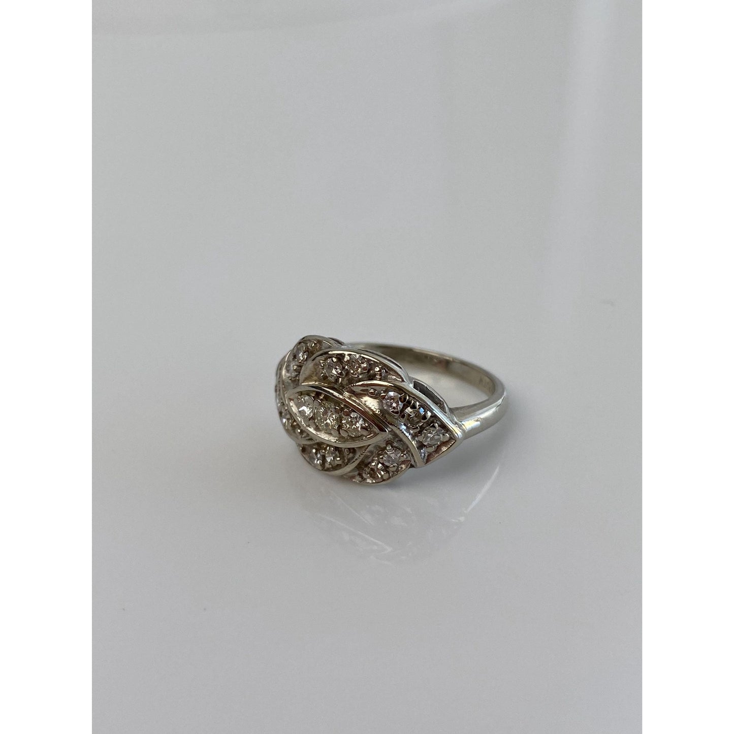 Vintage Solid 14k White Gold Diamond Cluster Art Deco Style Ring - Size 5.5