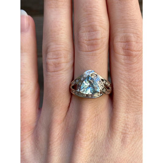 Vintage Solid 10k White Gold Diamond Aquamarine Ring - Size 7.75