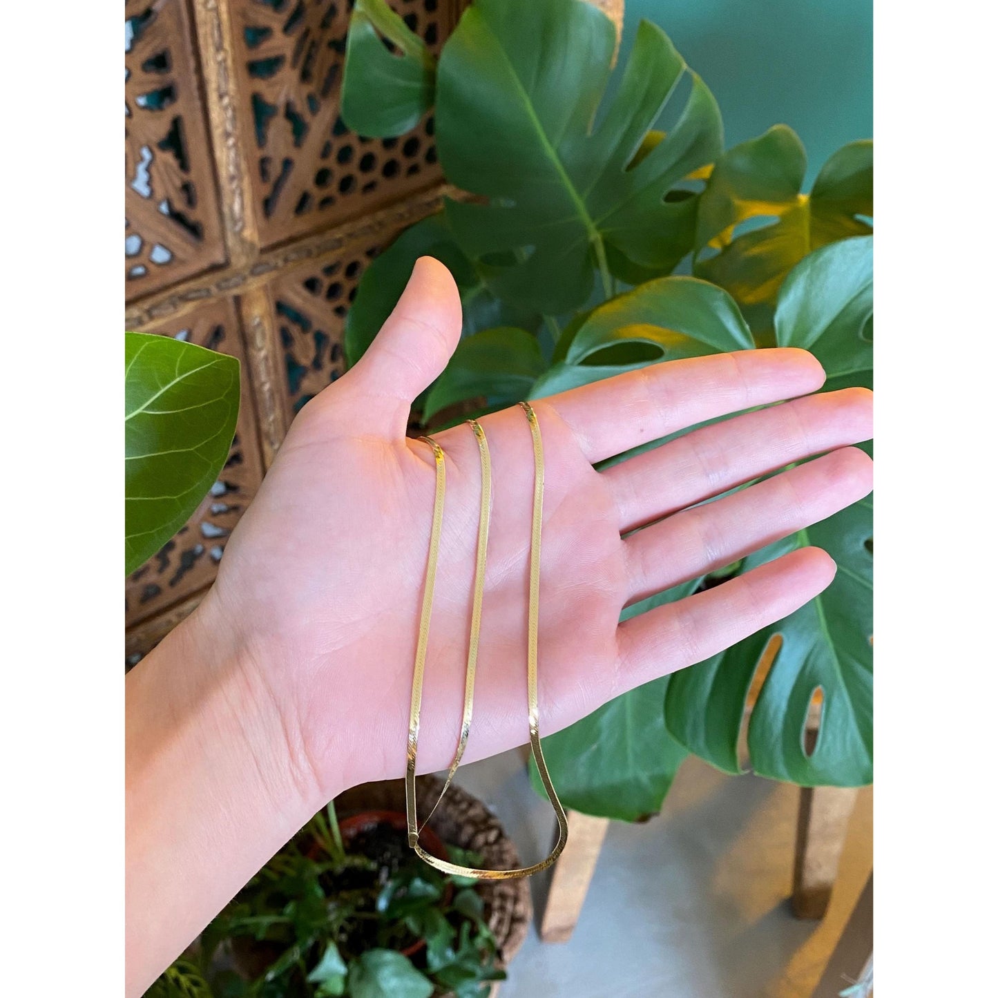 Solid 18k Yellow Gold Slim Herringbone Chain Necklace - 26 Inches