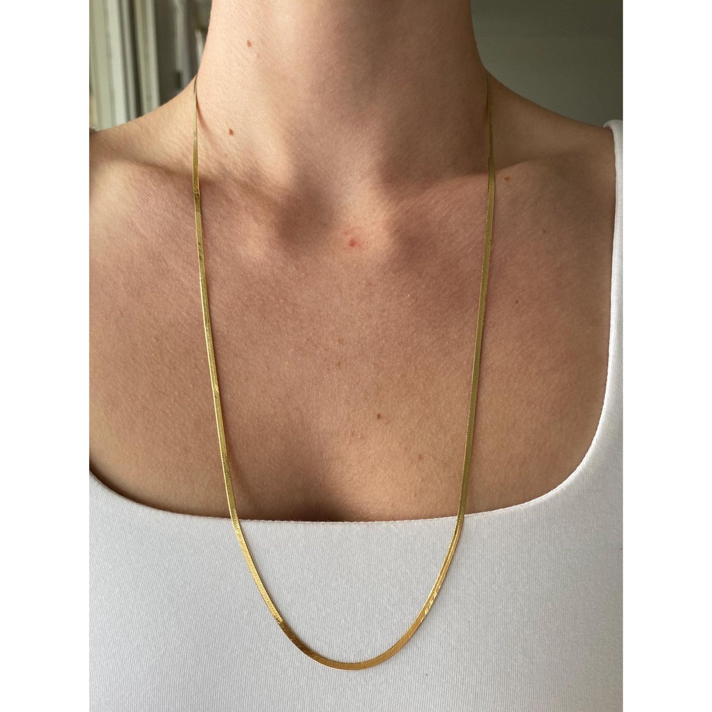 Solid 18k Yellow Gold Slim Herringbone Chain Necklace - 26 Inches
