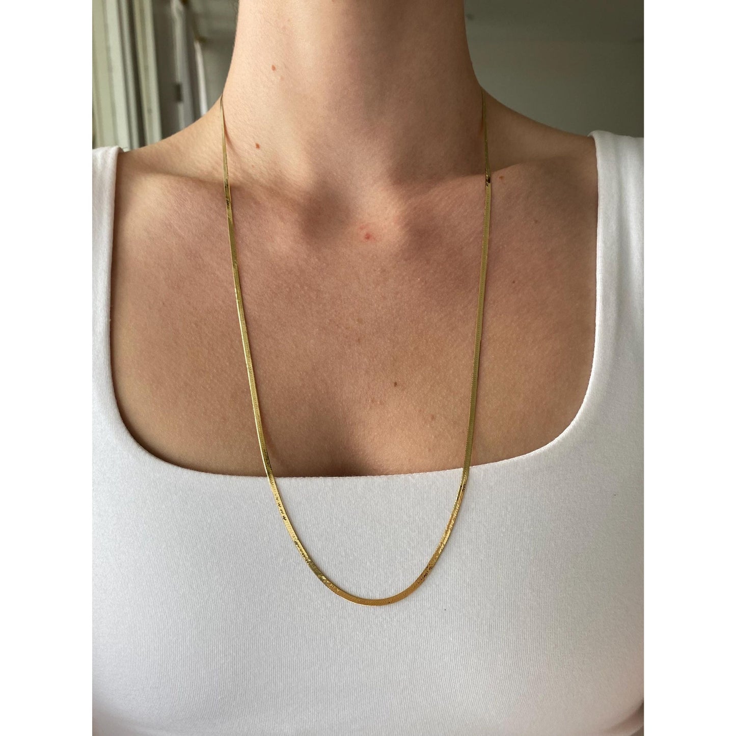 Solid 18k Yellow Gold Slim Herringbone Chain Necklace - 26 Inches