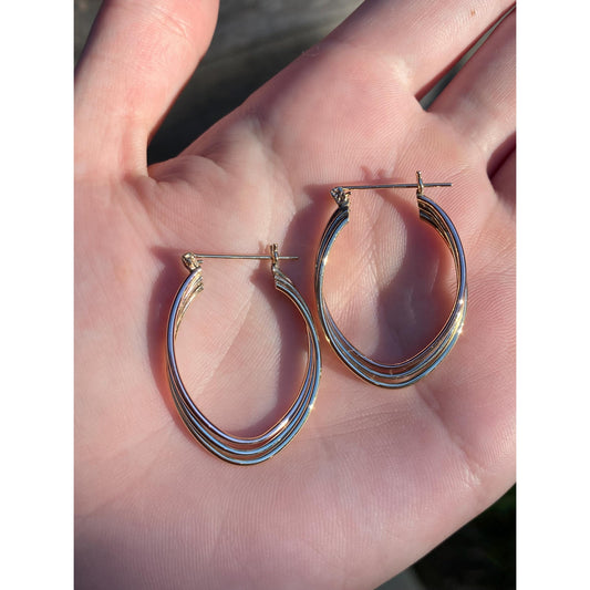 Vintage 14k Tri Tone Gold Layered Oval Hoop Earrings