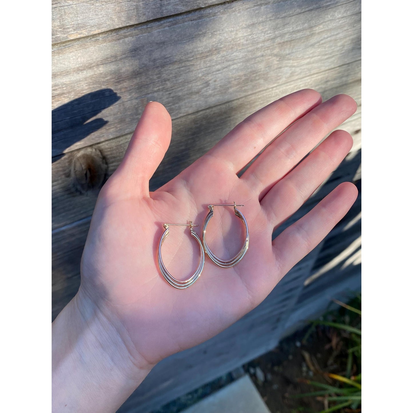 Vintage 14k Tri Tone Gold Layered Oval Hoop Earrings