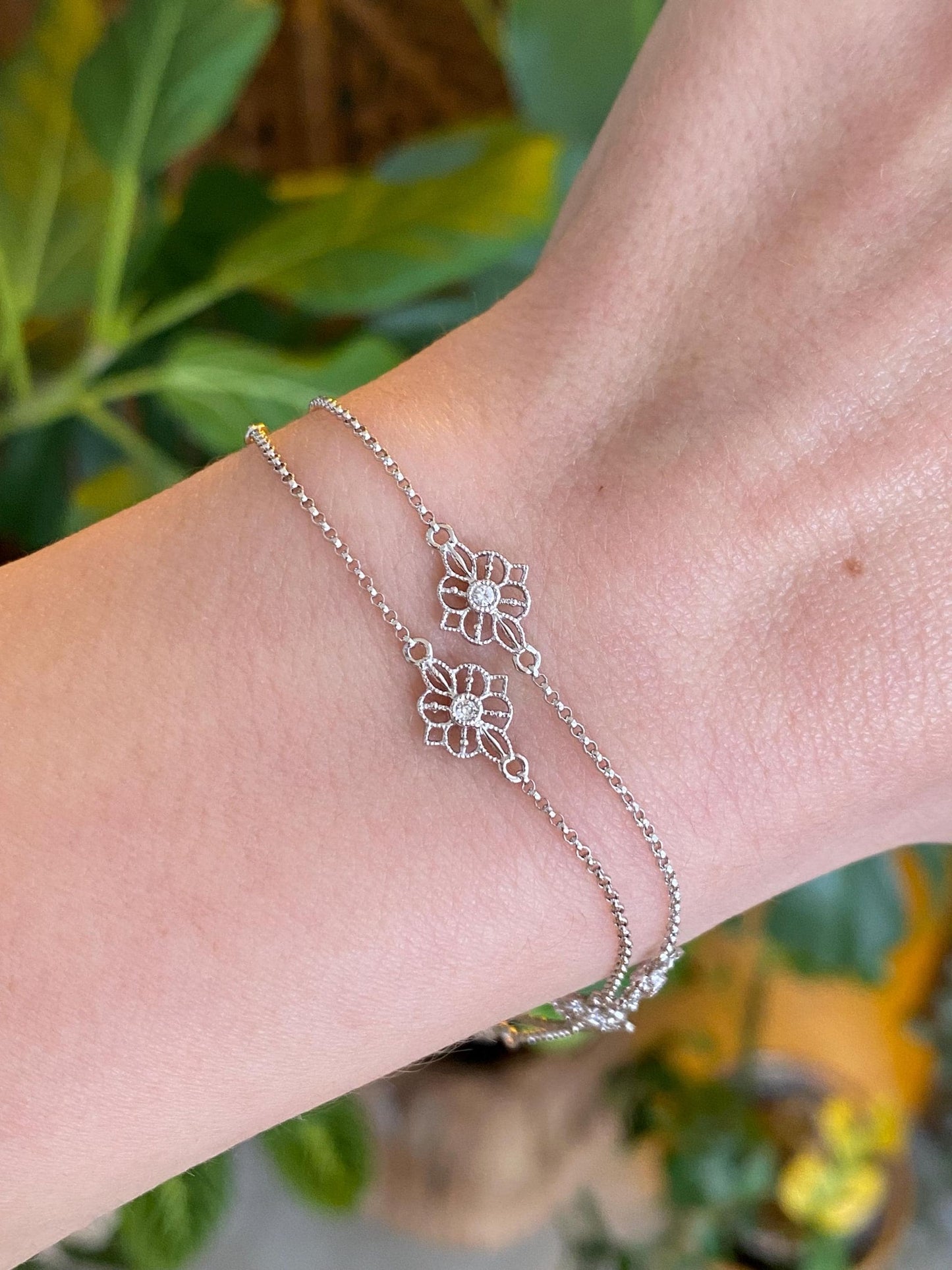 Vintage Solid 14k White Gold Diamond Flower Link Rolo Chain Double Strand Bracelet - 7.25 inches