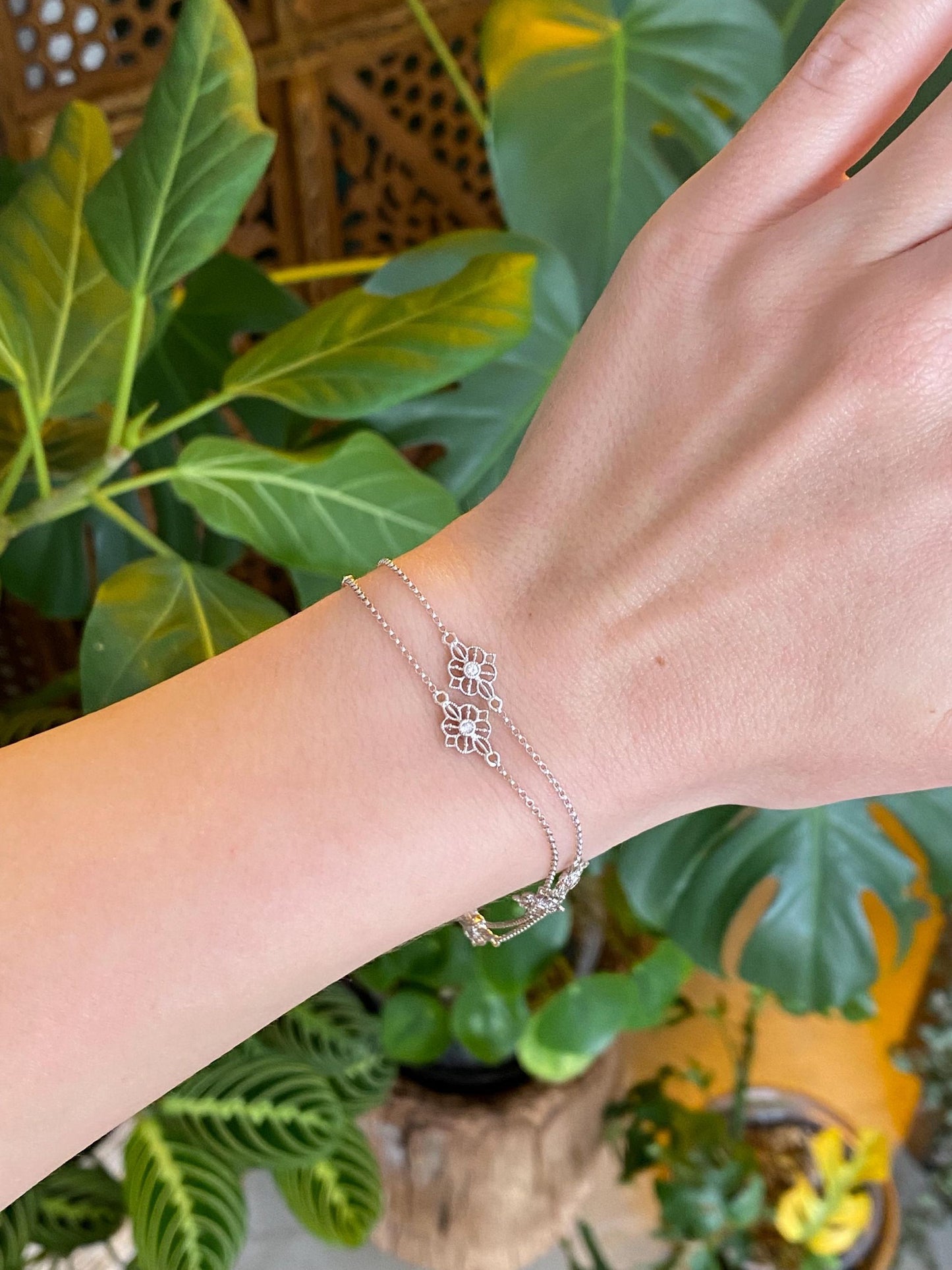 Vintage Solid 14k White Gold Diamond Flower Link Rolo Chain Double Strand Bracelet - 7.25 inches