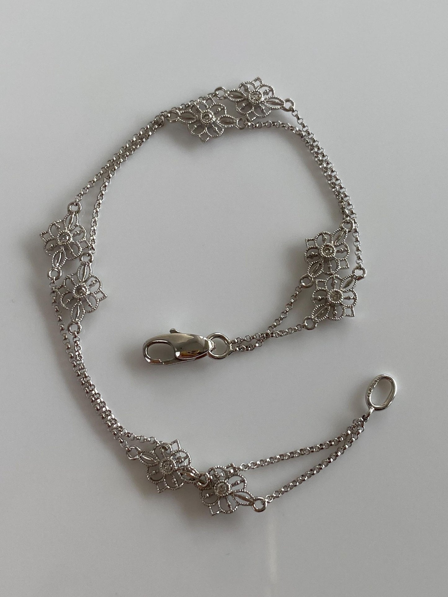 Vintage Solid 14k White Gold Diamond Flower Link Rolo Chain Double Strand Bracelet - 7.25 inches