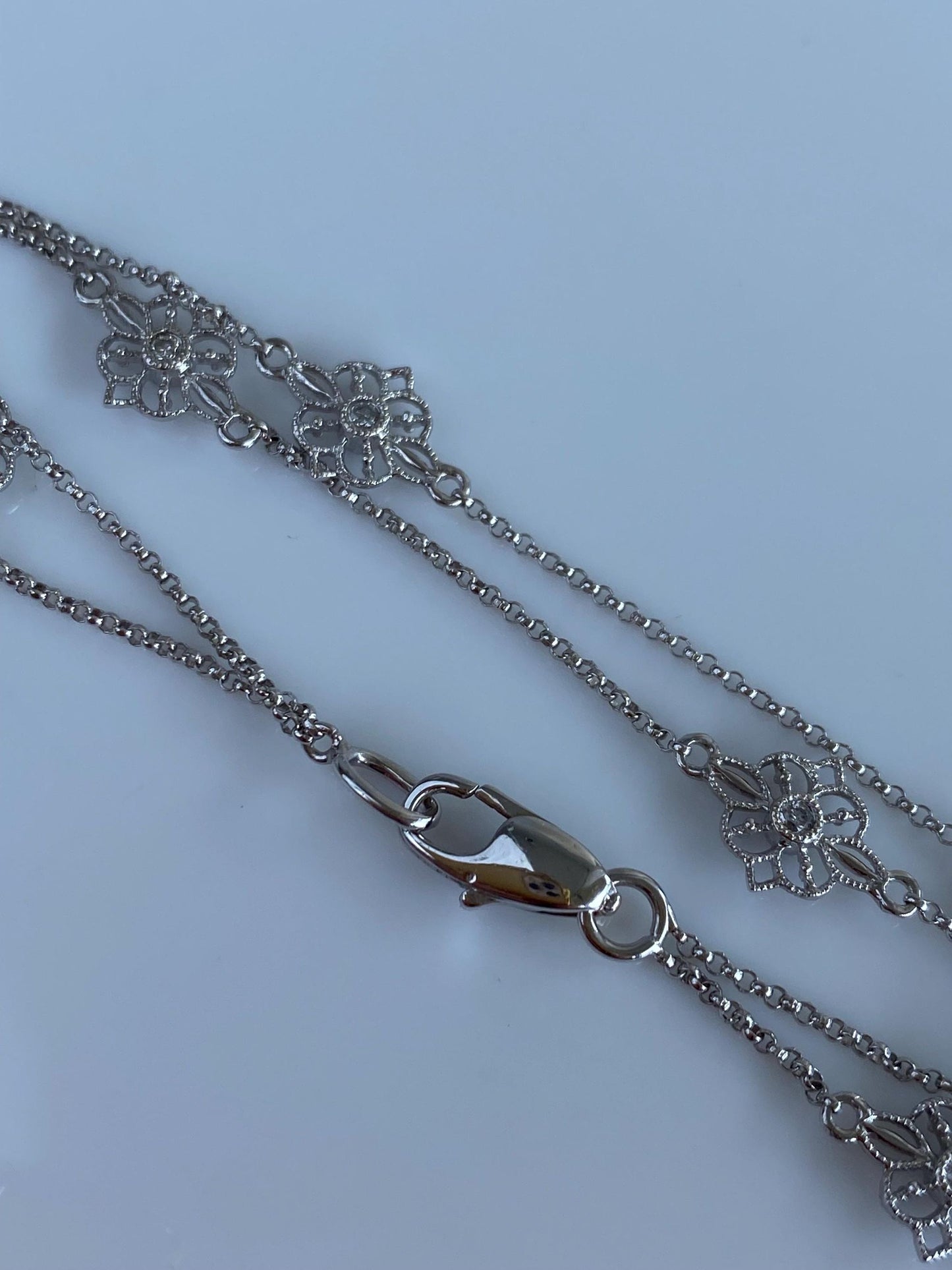 Vintage Solid 14k White Gold Diamond Flower Link Rolo Chain Double Strand Bracelet - 7.25 inches