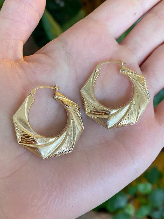 Vintage 14k Yellow Gold Textured Octagonal Hoop Earrings