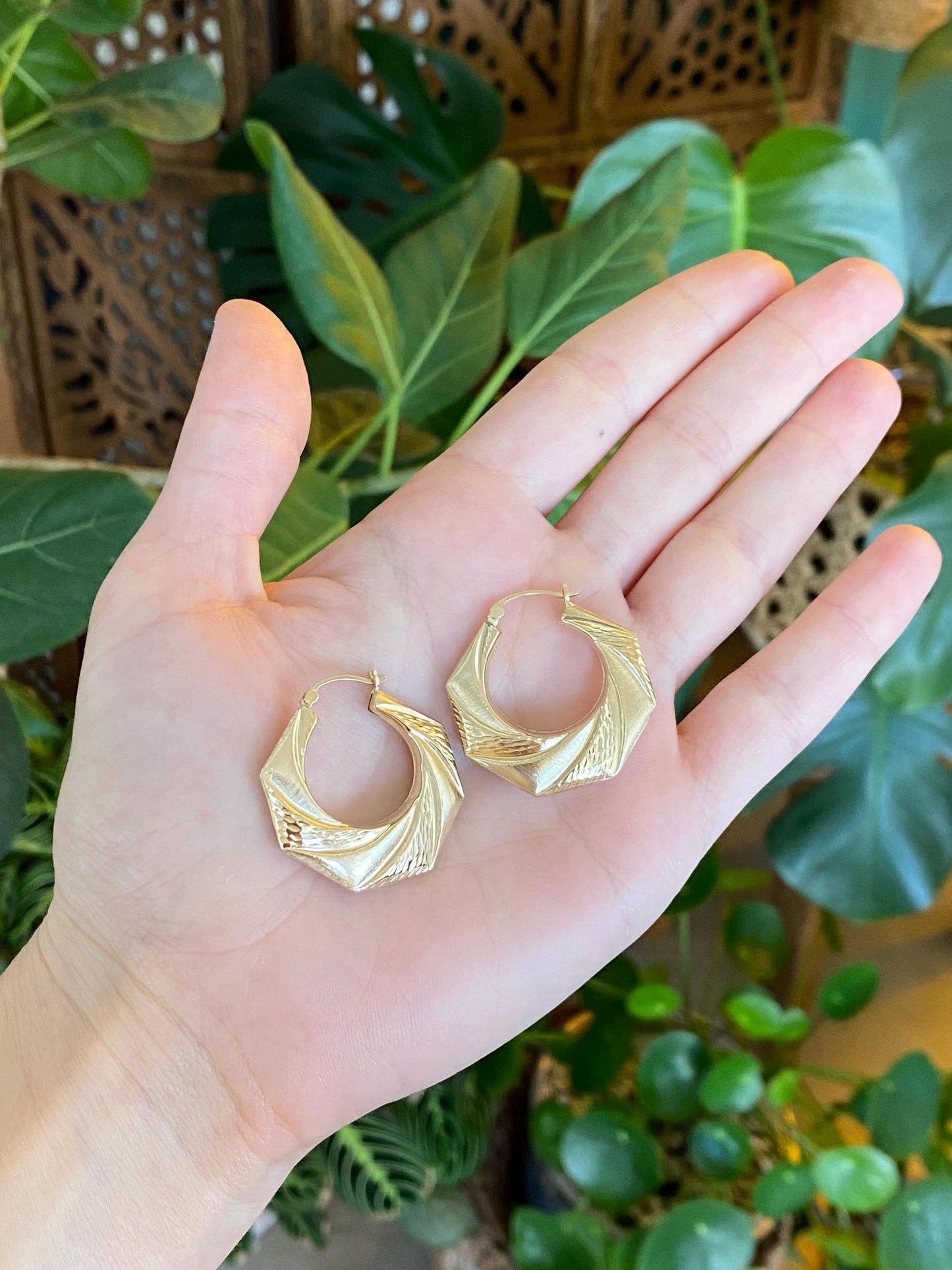 Vintage 14k Yellow Gold Textured Octagonal Hoop Earrings