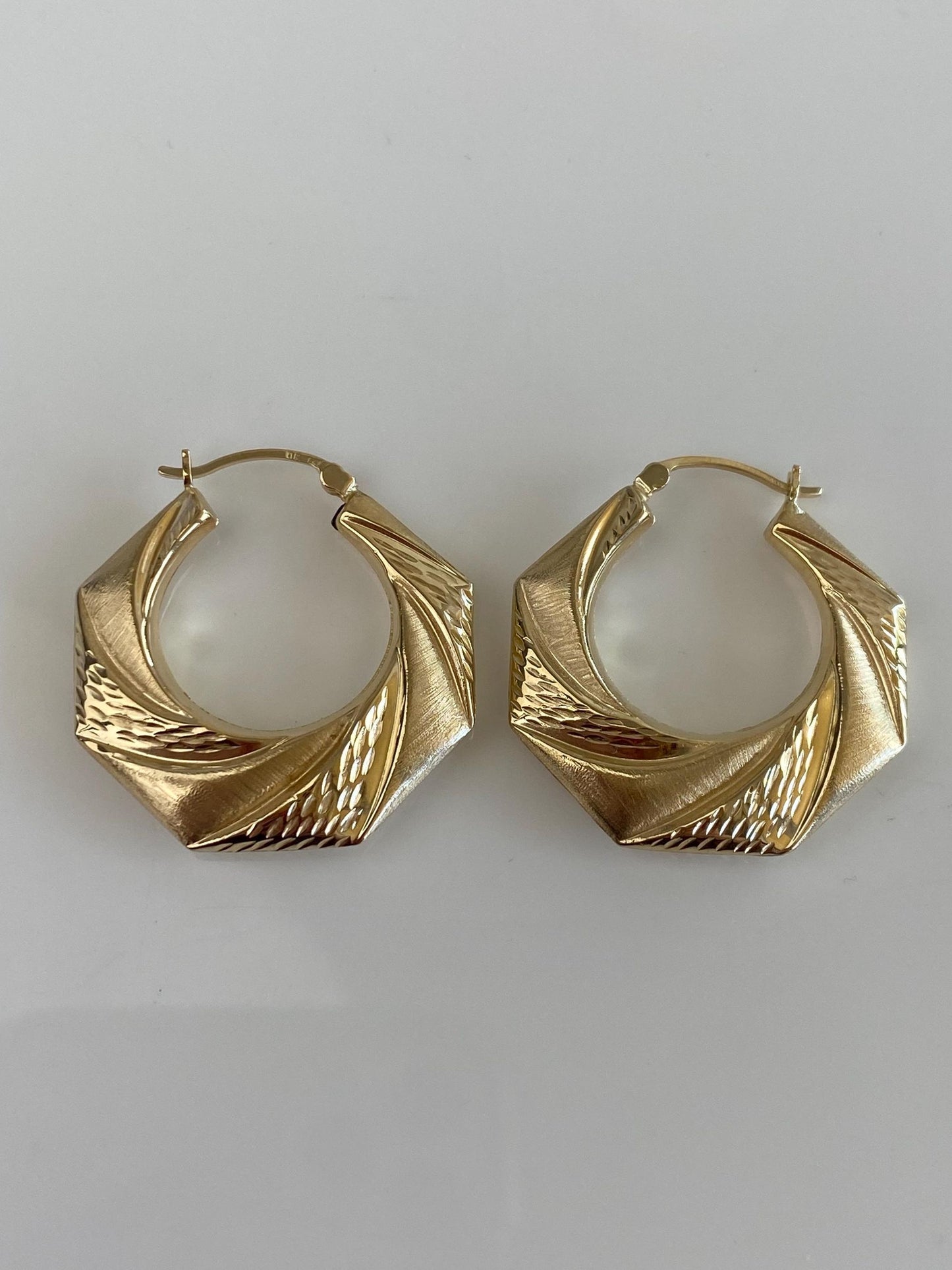 Vintage 14k Yellow Gold Textured Octagonal Hoop Earrings